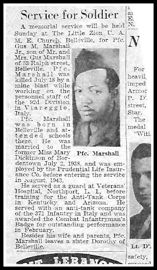 Pfc. Gus M. Marshall of Belleville, NJ, killed in explosion in Italy - WW2