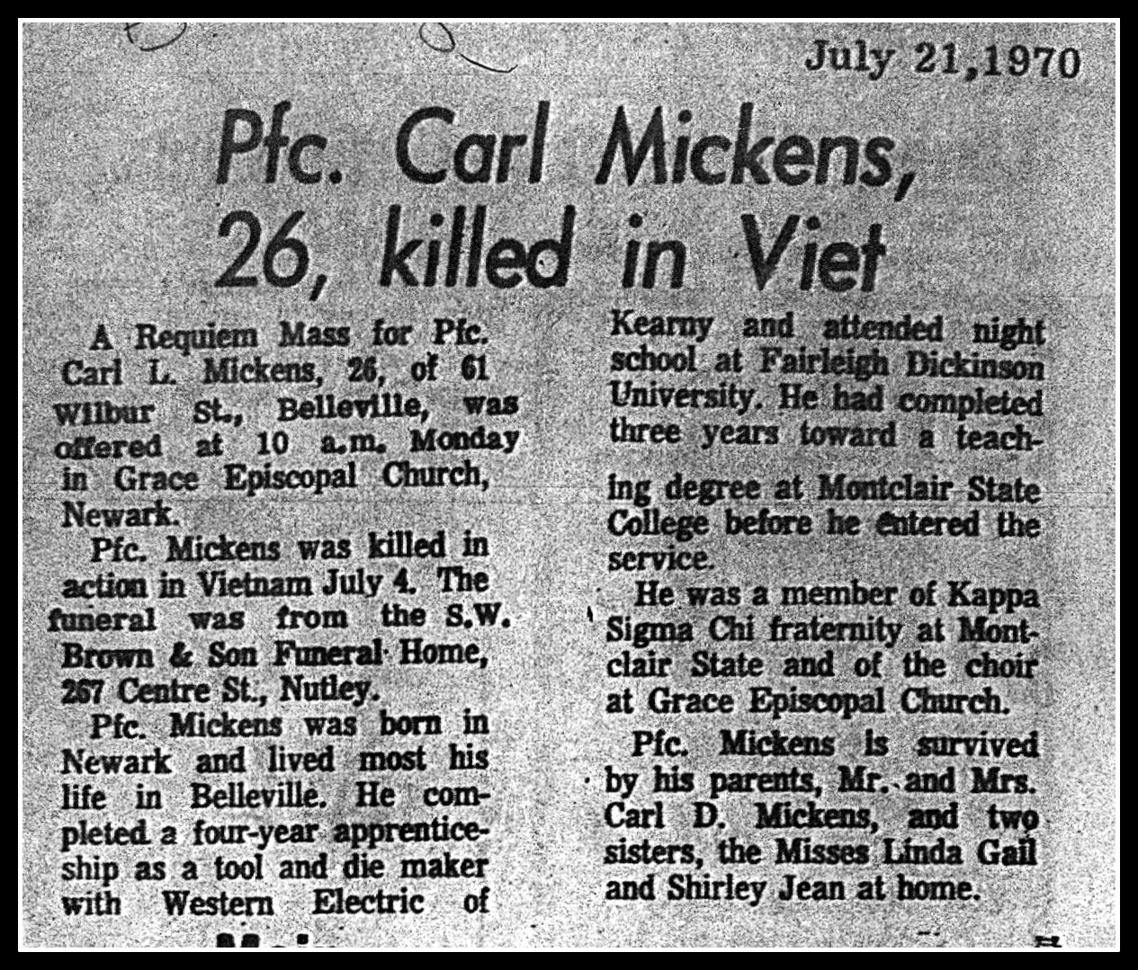 Carl Mickens of Belleville, NJ, KIA Vietnam, 