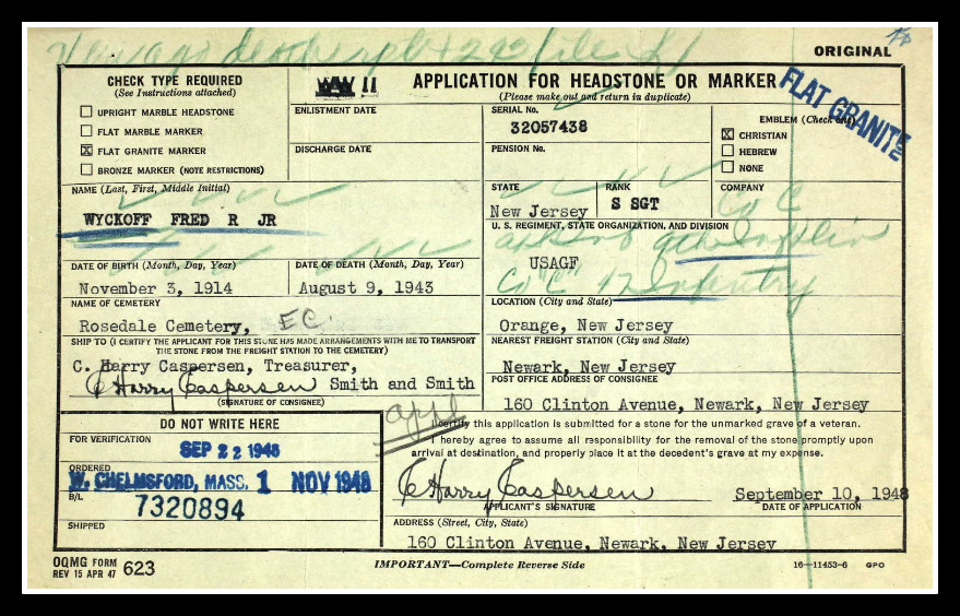 Sgt. Fred Wyckoff Jr. application for headstone, Rosedale Cemetery, Orange, NJ