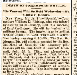 Death of Commodore Whiting - burial in Belleville, N.J.