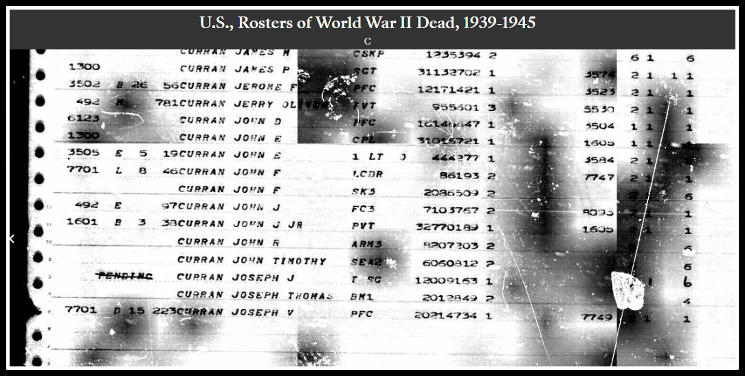 Joseph J Curran in the U.S., Rosters of  WW2 Dead
