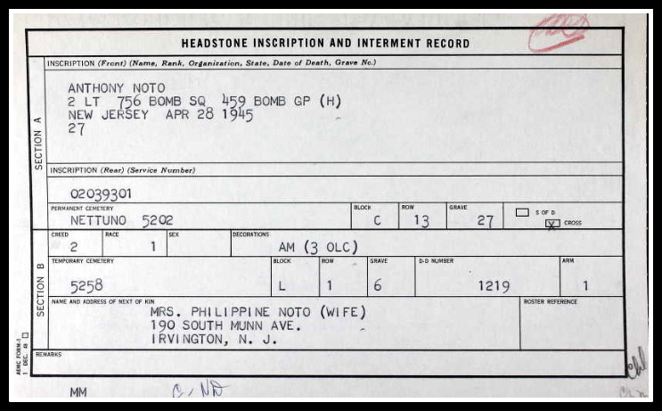 2nd Lt. Anthony Noto, Belleville NJ, Headstone Inscription and Interment Record