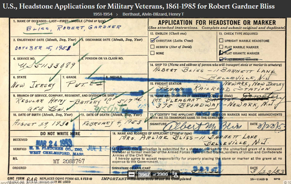 Robert Bliss, US Headstone Application request, 1930-1953, DNB