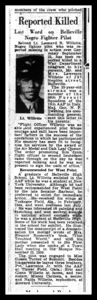 Newark Evening News- Lt. Willette of Belleville, reported KIA