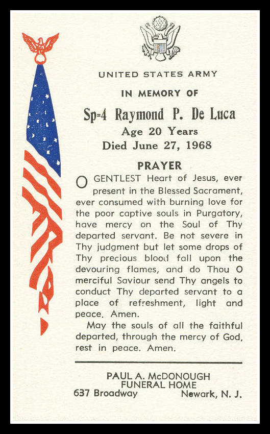 Funeral Home card, Raymond P. DeLuca, KIA Vietnam War